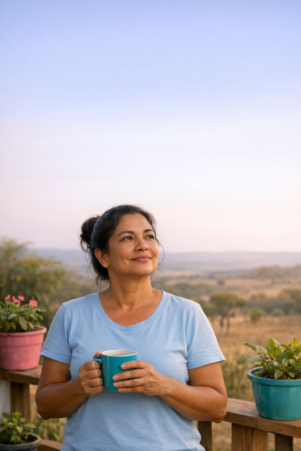 Mulher tomando café na varanda, olhando o horizonte