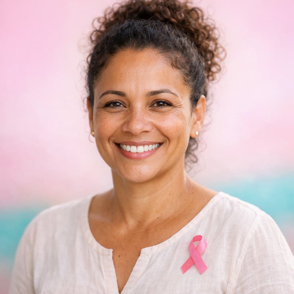 Mulher sorrindo com o laço rosa do Outubro Rosa na blusa